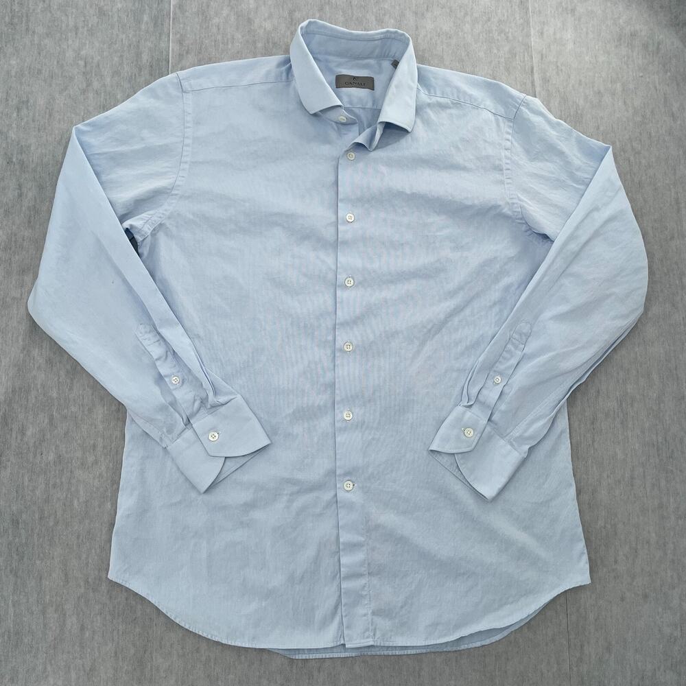 Canali Shirt Adult 17/43 Blue Button Up Long Sleeve Cotton Italy Collar Mens